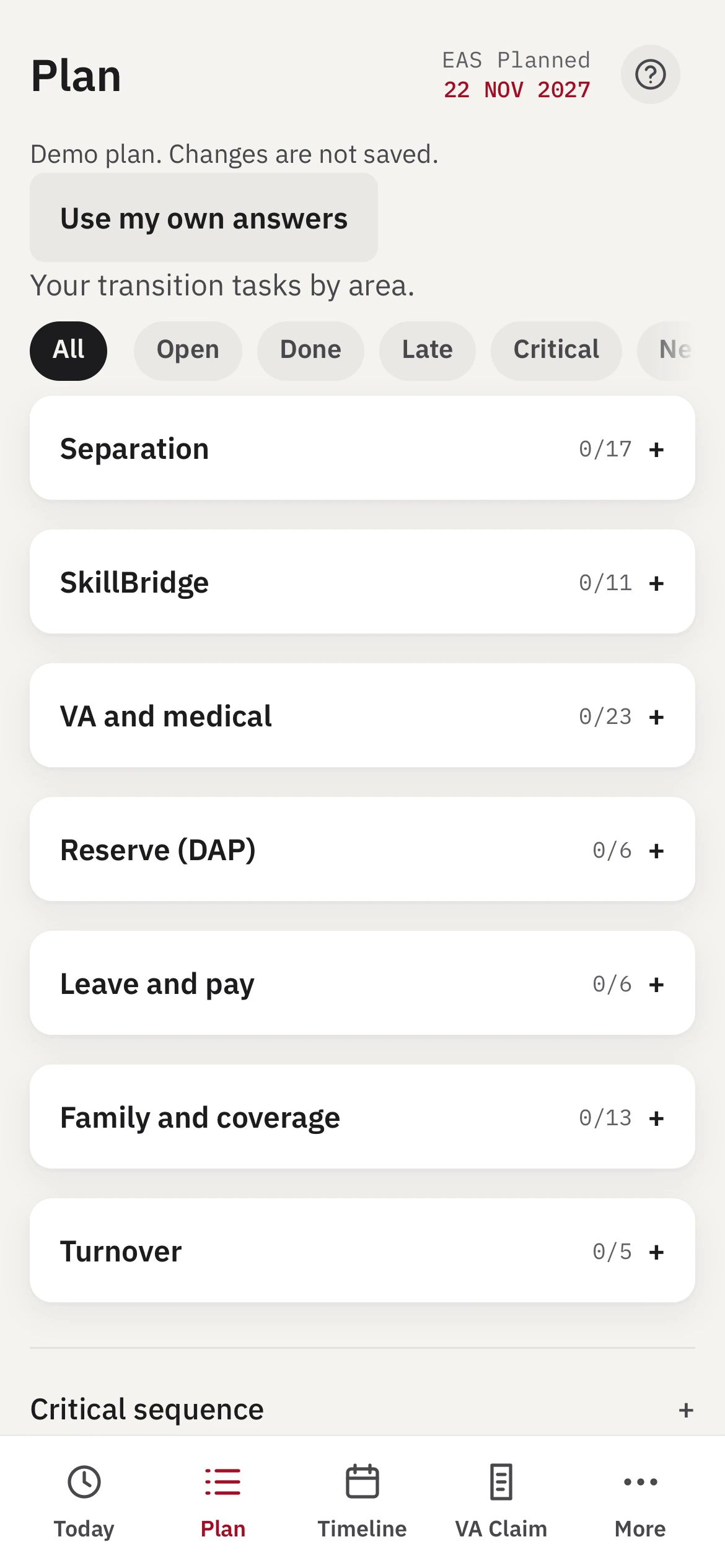 Plan on a demo board: transition tasks grouped by line of effort, with filters for late and critical tasks.