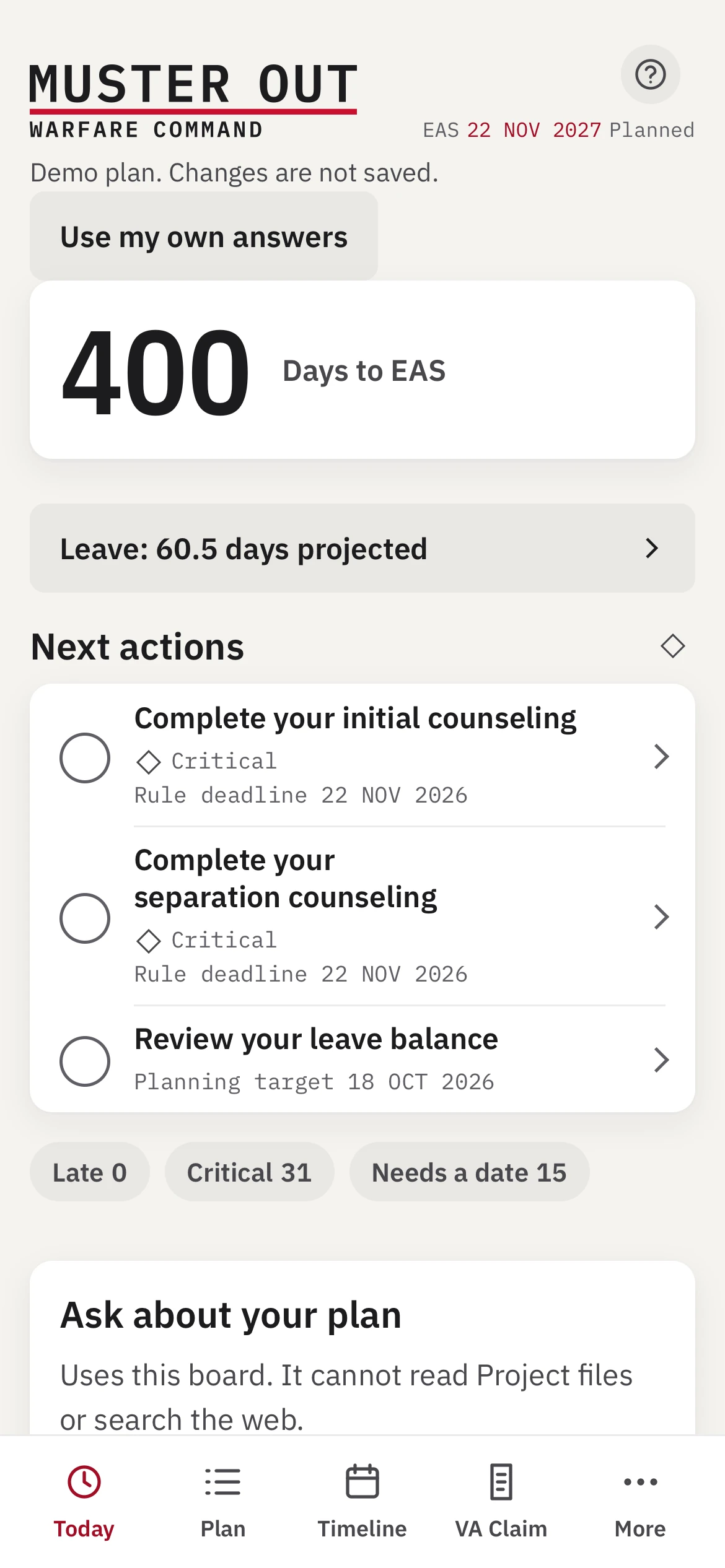Today on a demo board: 400 days to planned EAS, next actions and their rule deadlines.